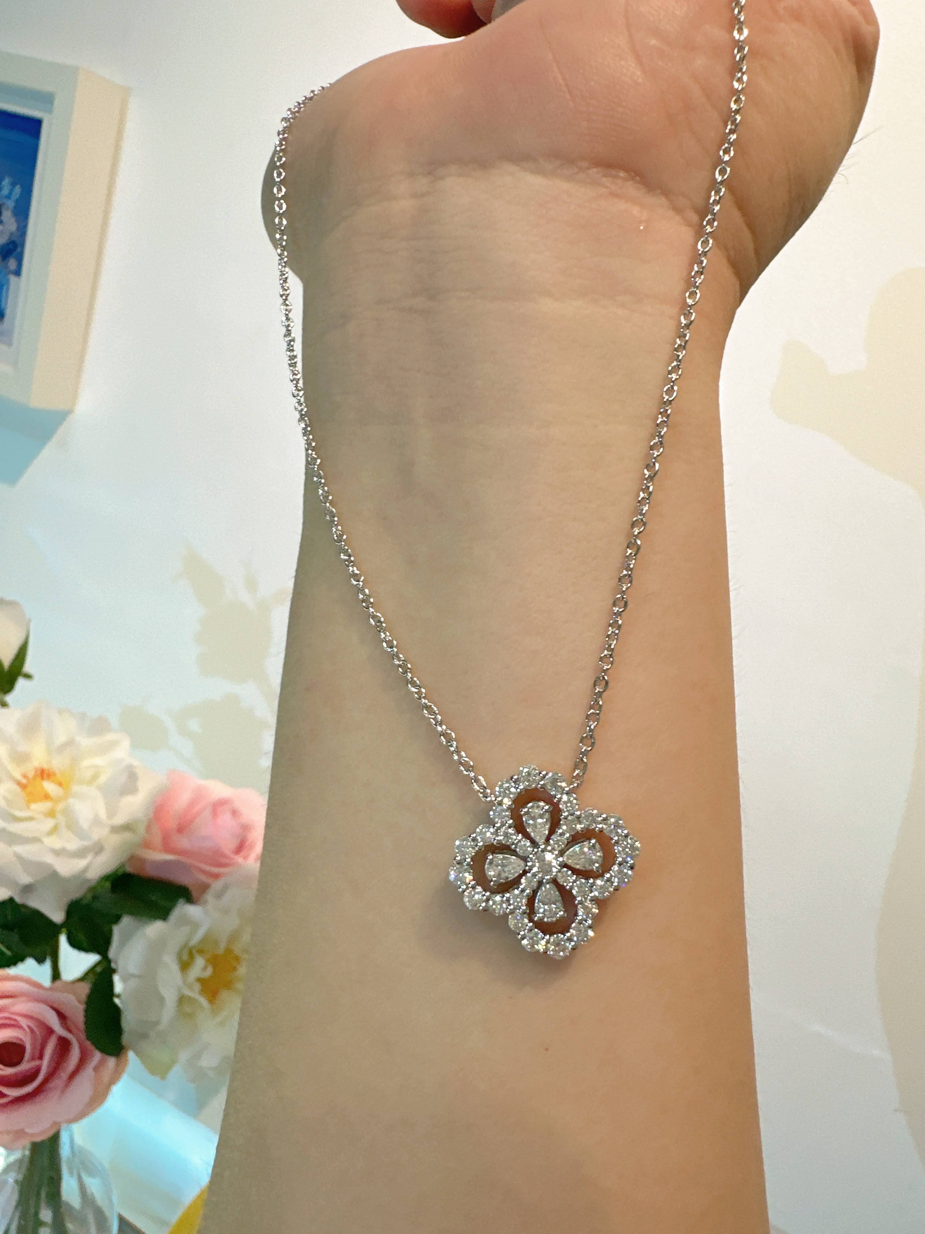 坠链均925银莫桑石 大号四叶草满钻Hw超闪莫桑钻白银镀白金高定版