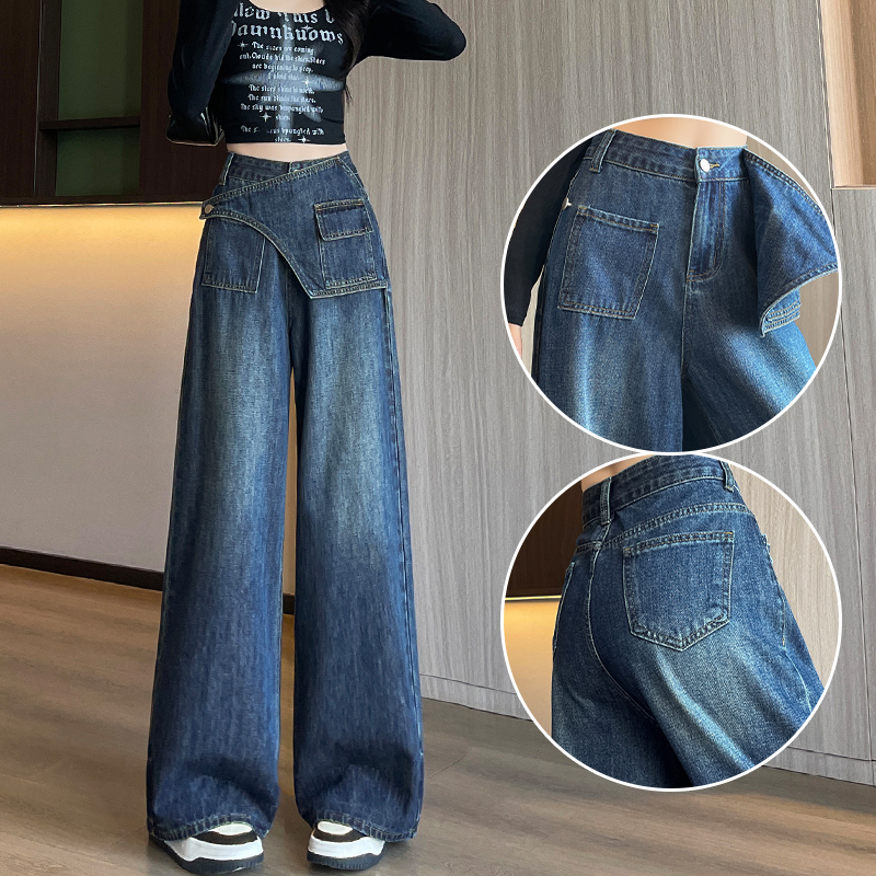 喜绚超火设计感复古假两件阔腿牛仔裤女2025秋季宽松时尚直筒裤女