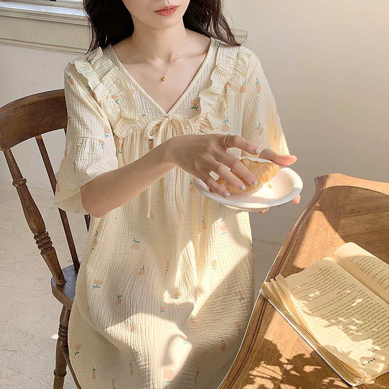 A25夏天睡衣睡裙女夏季短袖甜美双层裙子家居大码透气网红公主