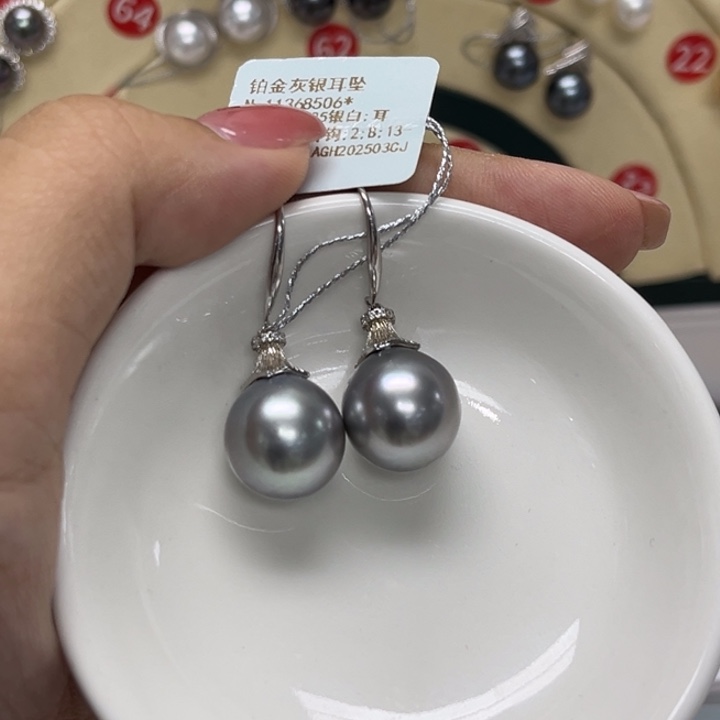 耳饰银S925镶嵌海水珍珠大溪地铂金灰13-14mm169