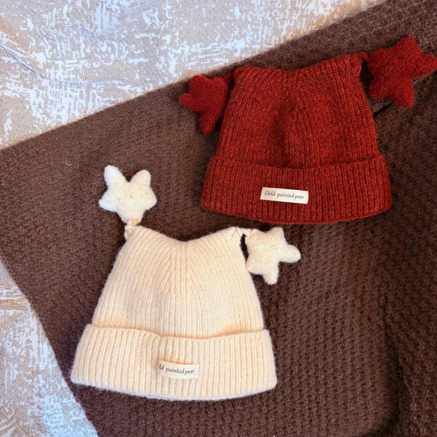 儿童秋冬季红色星星毛线帽男女童保暖加绒护耳宝宝针织套头帽