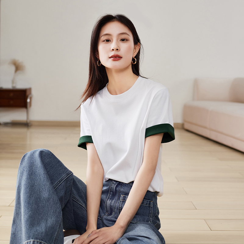 索菲丝尔撞色袖口圆领短袖T恤女2025春季纯色打底衫上衣517036