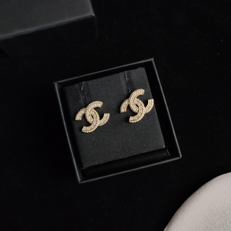 95新 Chanel/香奈儿 Azul-20V浅金色浮雕满钻双C耳钉53704
