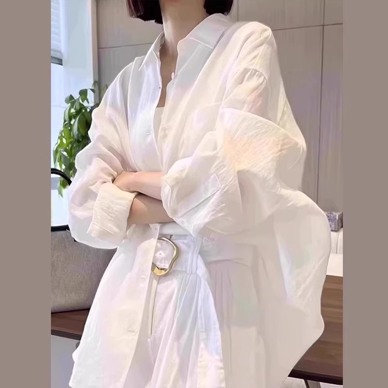 法式白色长袖防晒衬衫女夏季2025新款通勤宽松外搭休闲polo领开衫