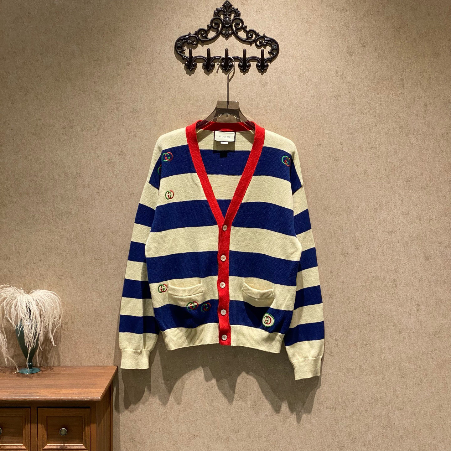 99新 GUCCI/古驰 蓝白条纹刺绣双G针织开衫/xl码/40290