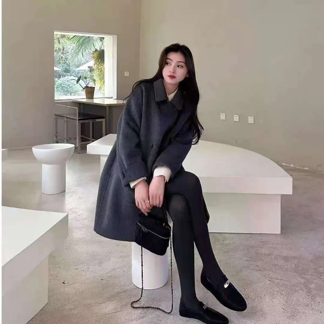 韩系风格娃娃领双面中长款羊毛秋冬外套