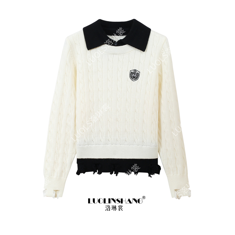 假两件撞色学院风polo领毛衣2025秋冬新款设计感刺绣麻花针织衫女