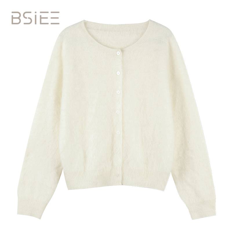 BSIEE简约拉毛短开衫长袖毛针织衫时尚针织宽松