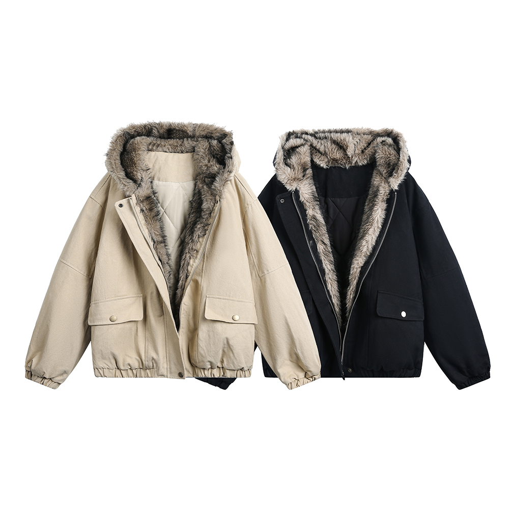 座山雕毛领棉衣外套冬装新款加绒加厚保暖夹棉服宽松派克服-6370