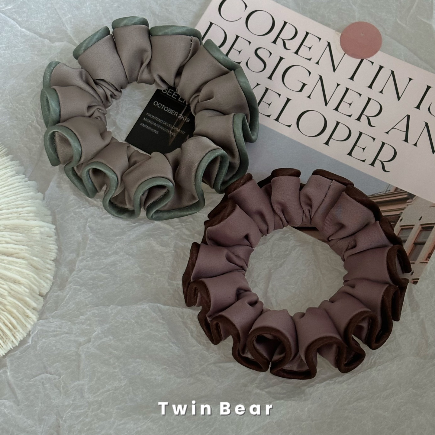 Q008 褶皱绵密小发圈高级感缎面绸缎撞色花边小肠圈皮筋头绳发绳