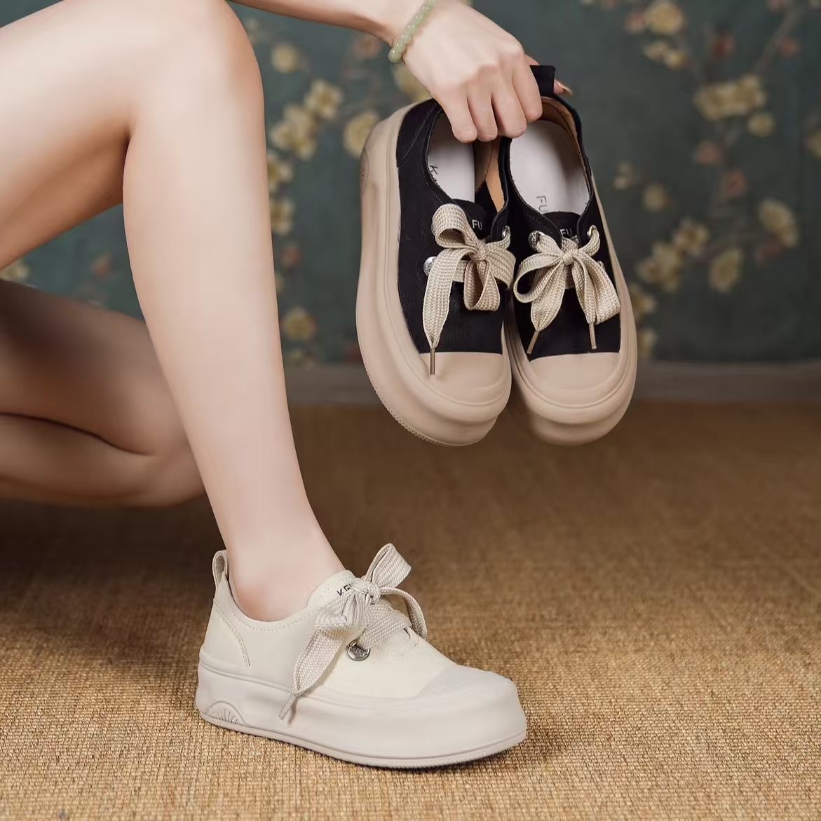 （蝴蝶结）真皮百搭软底女款2新款网红夏季厚底休闲复古鞋女 13572