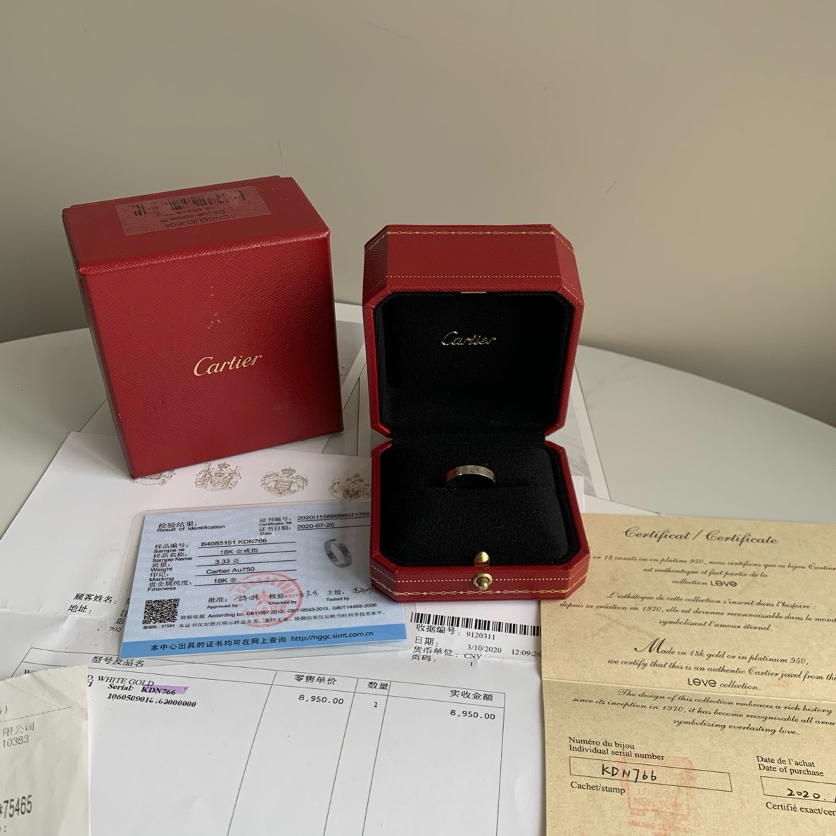 99新 Cartier/卡地亚 白金色无钻窄版戒指51圈号