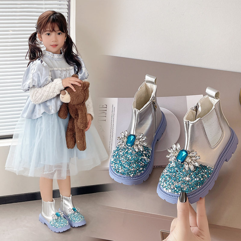 侧拉链车缝线女公主水钻拉链童靴靴子秋冬童鞋加绒小女孩
