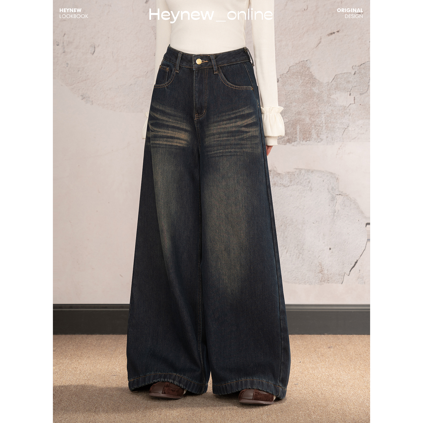 【HEYNEW黑妞】复古水洗内里加绒阔腿牛仔裤女冬高腰直筒裤5D453