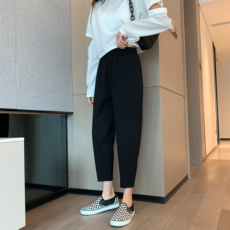 萝卜裤女春秋大码显瘦八分宽松哈伦松紧腰九分弹力黑色烟管裤女