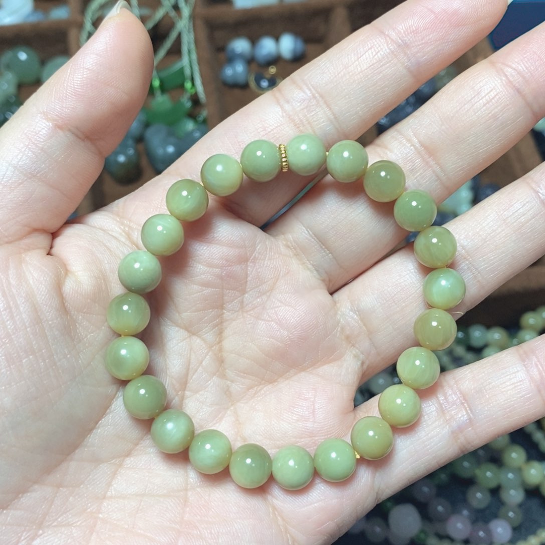 未镶嵌手串和田玉碧玉黑羊洞金绿猫圆珠卡8mm