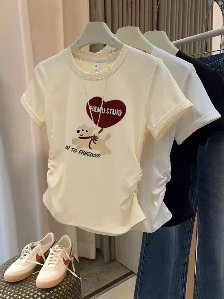 2025新款圆领褶皱纯棉修身T恤显瘦辣妹短款T