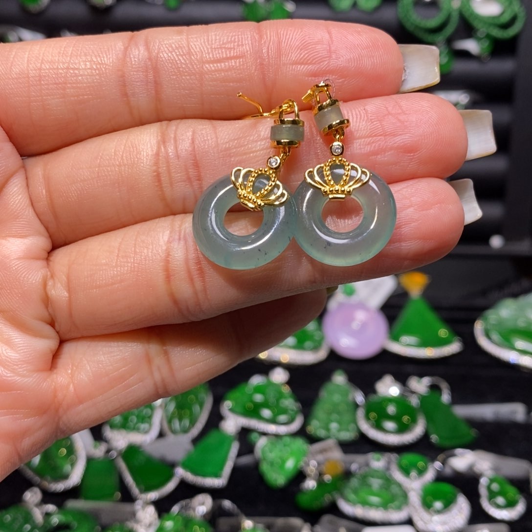 翡翠耳饰银S925镶嵌甜甜圈耳坠