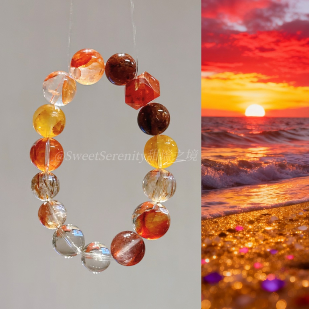 【赤焰招金】红胶花黄胶花黑金超金发水晶手串