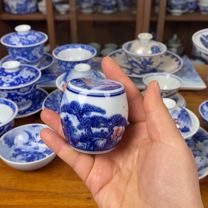 青花手绘山水盖置