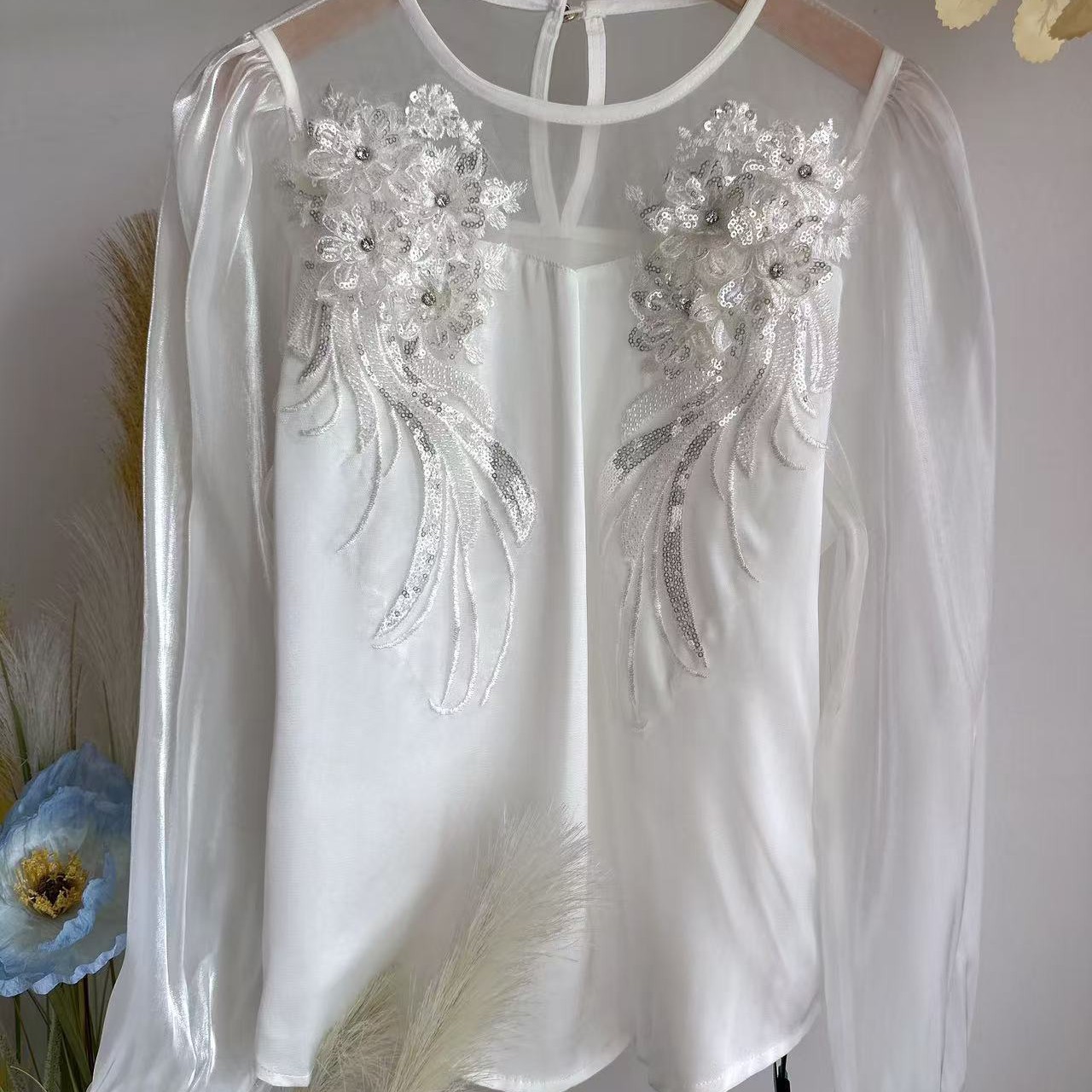 上衣圆领刺绣常规款拼接长袖+国风半裙套装