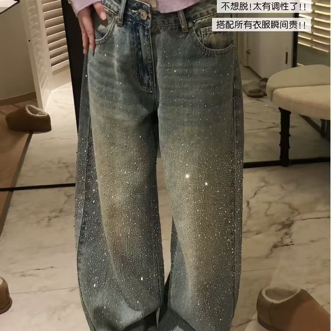 乖乖女装 冬季新款欧货烫钻加阔腿牛仔裤