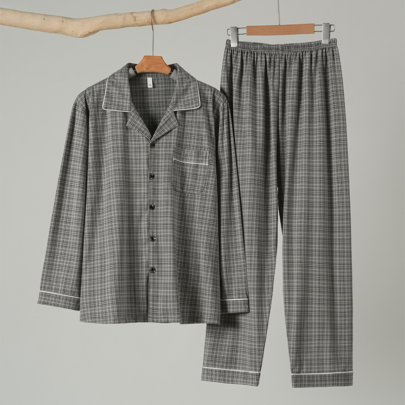 细纹格子睡衣男士长袖长裤春秋冬四季款中青年显年轻家居服两件套