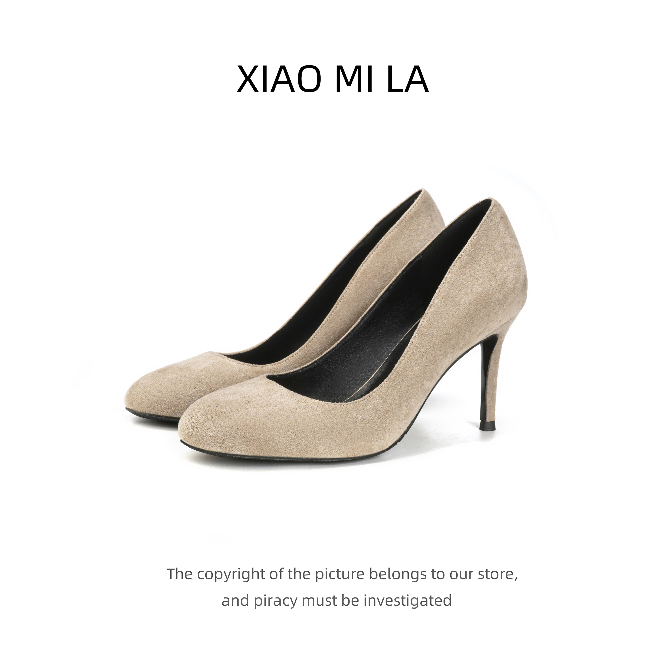 法式绒面圆头高跟鞋2025年秋季新款米咖色复古风百搭细跟浅口女鞋