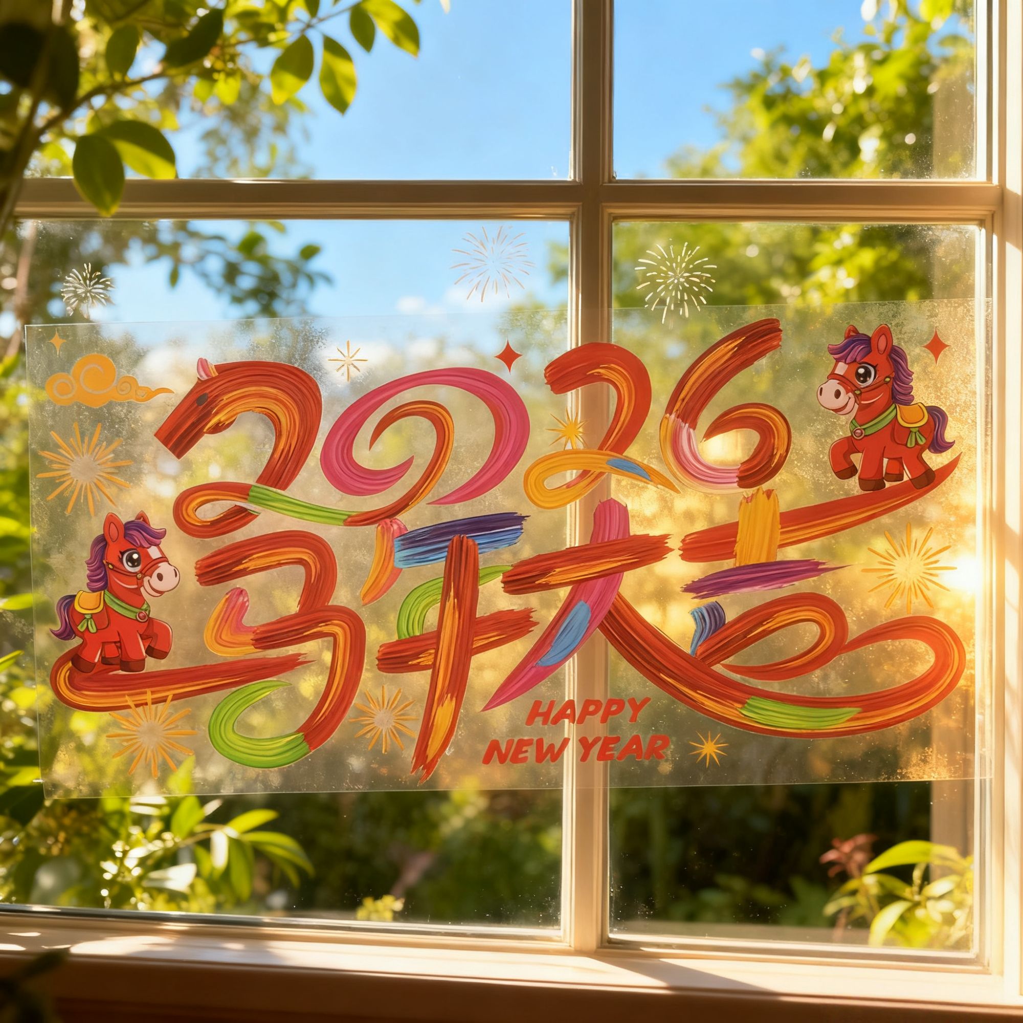 2026新款马年彩色软膜窗花免胶静电贴新春春节玻璃窗卡通贴纸