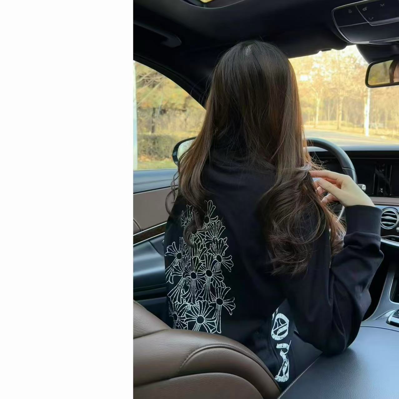 做旧印花长袖T恤中长款圆领内搭打底衫t恤女秋季早秋上衣