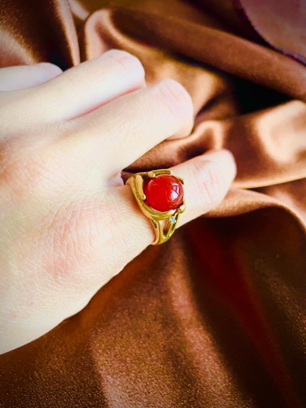 铜合金琉璃戒指 中古Vintage红色圆形宝石戒指复古时尚