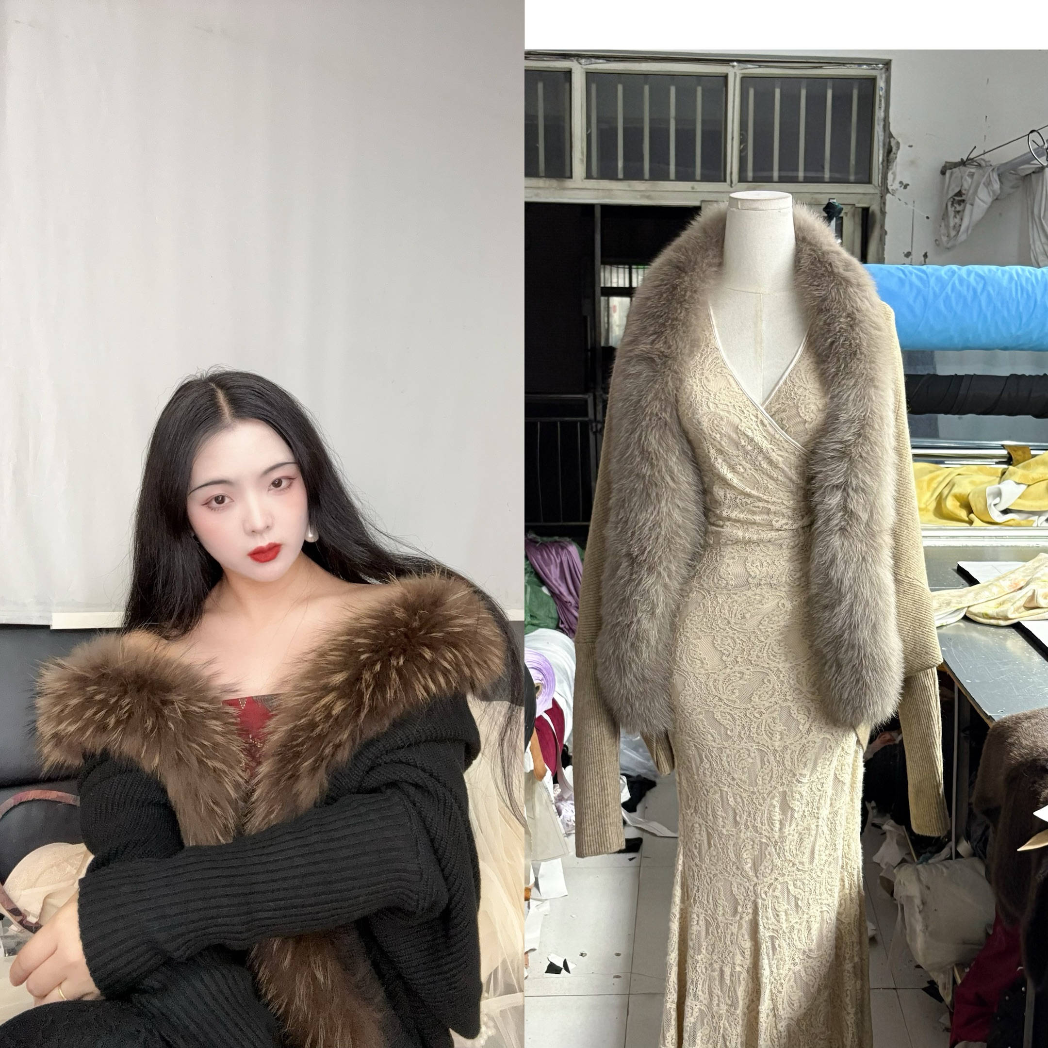 LHMknk1画报夫人原创自制温柔皮草 小袖口貉子毛针织外套 