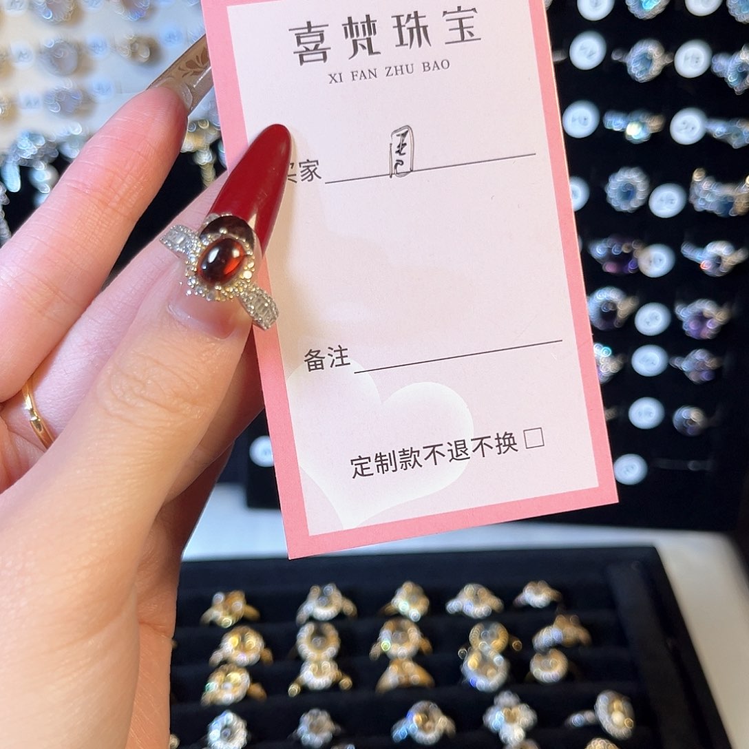 石榴石戒指银S925镶嵌花*