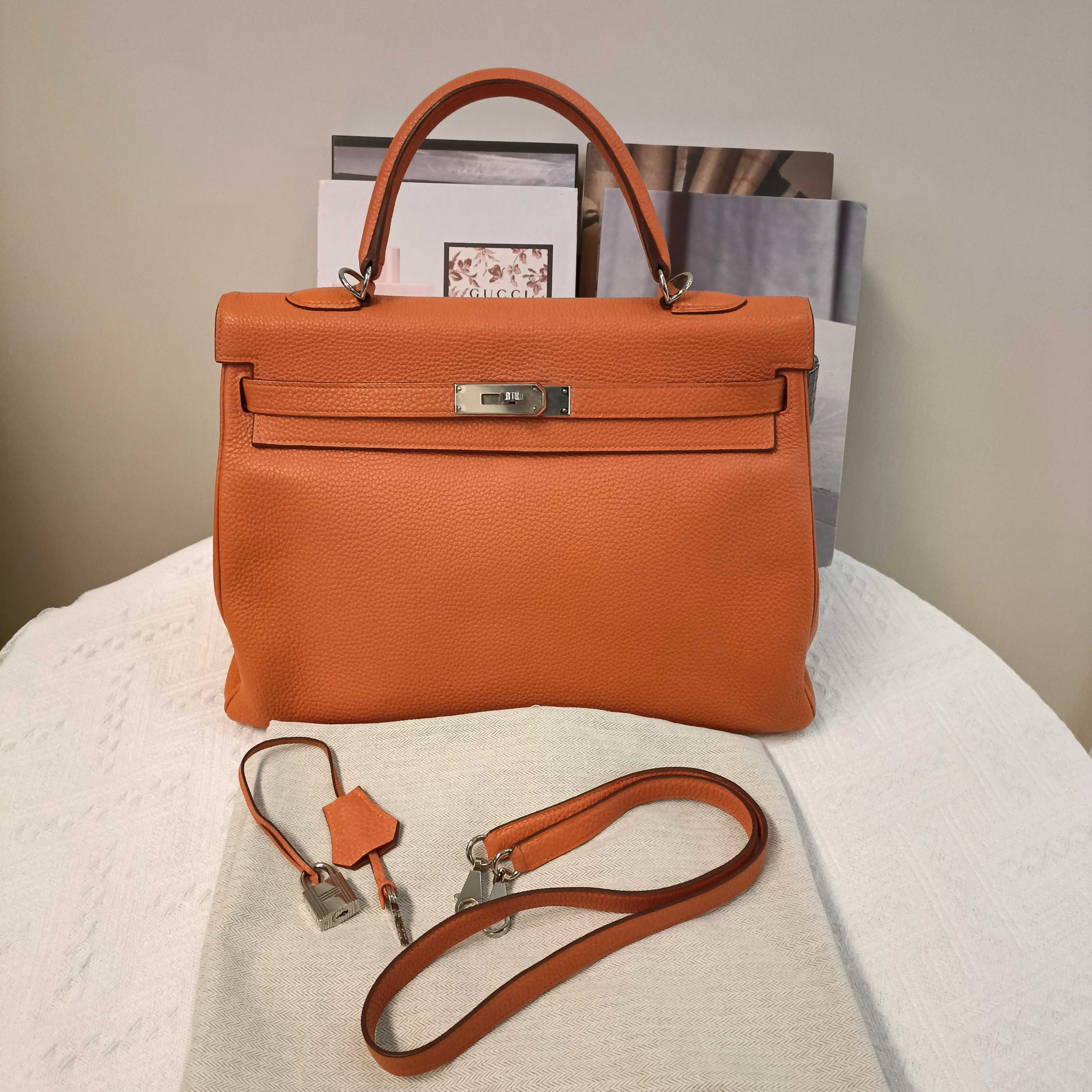 95新 Hermes/爱马仕 kelly35爱马仕橙手提包 银扣框q刻 