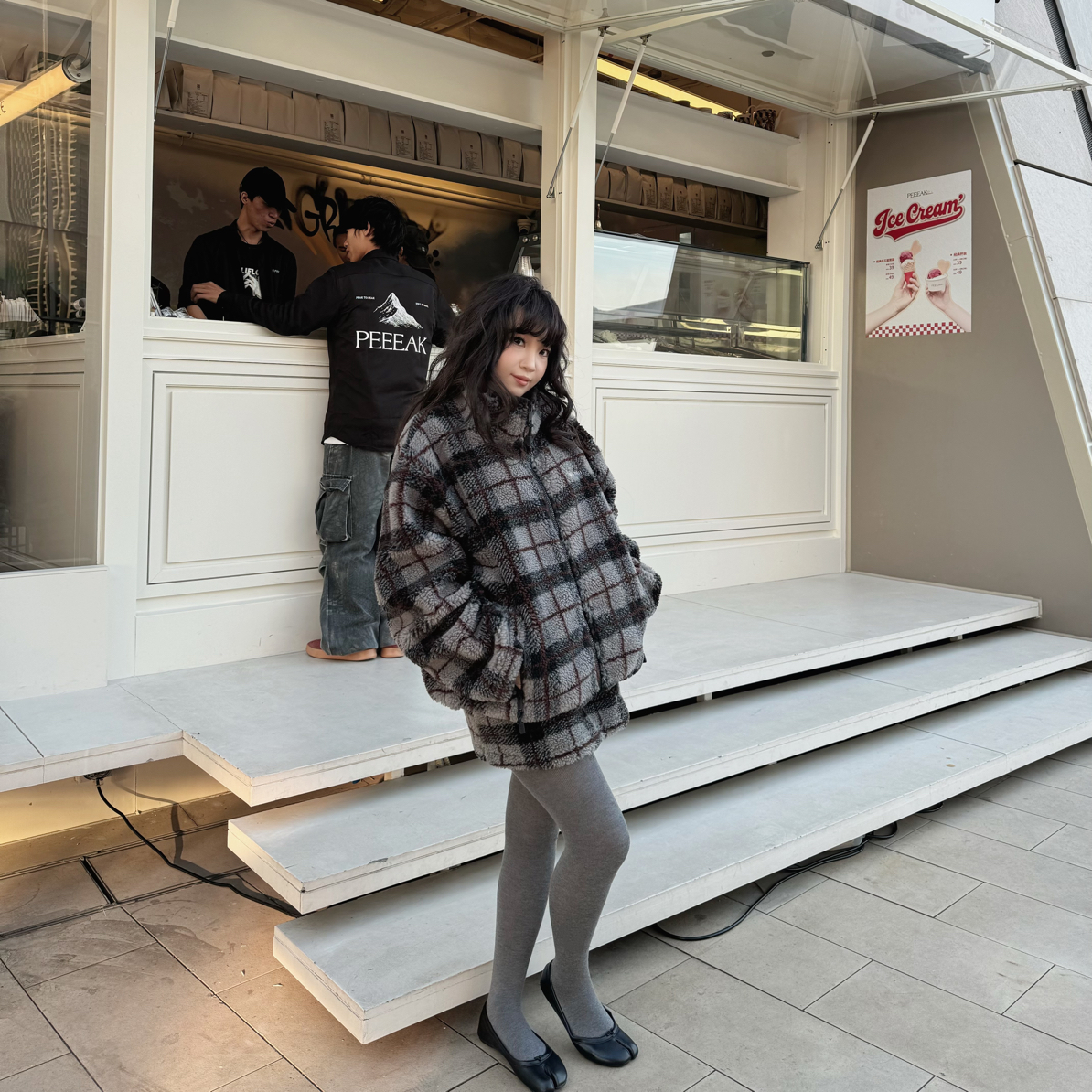 格纹摇粒绒外套宽松立领复古休闲长袖外套上衣格子保暖