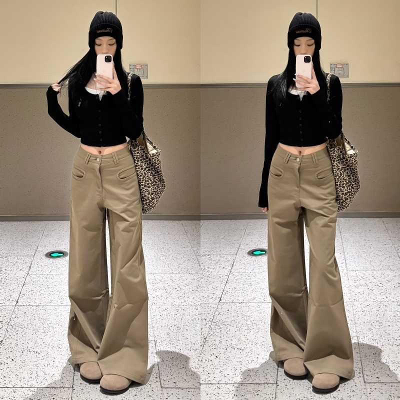 180高个子175加长卡其色西装休闲裤女小众宽松高腰显瘦阔腿拖地裤
