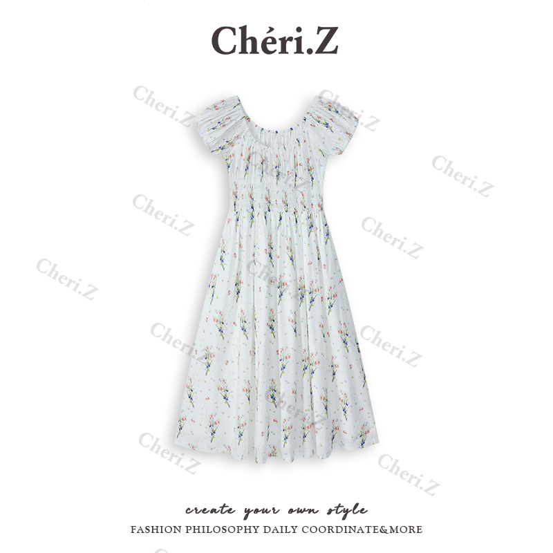 CHERI.Z海蒂花园财阀千金女装纯棉粉蓝碎花收腰连衣裙C25B18075H