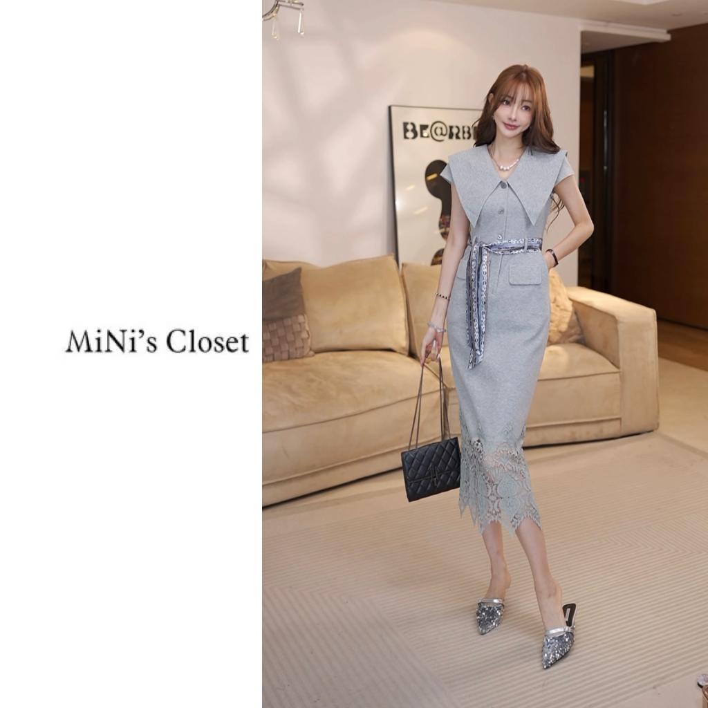 【赫本浅夏】镂空花边拼接时尚优雅通勤翻领女式连衣裙送腰带JE2224