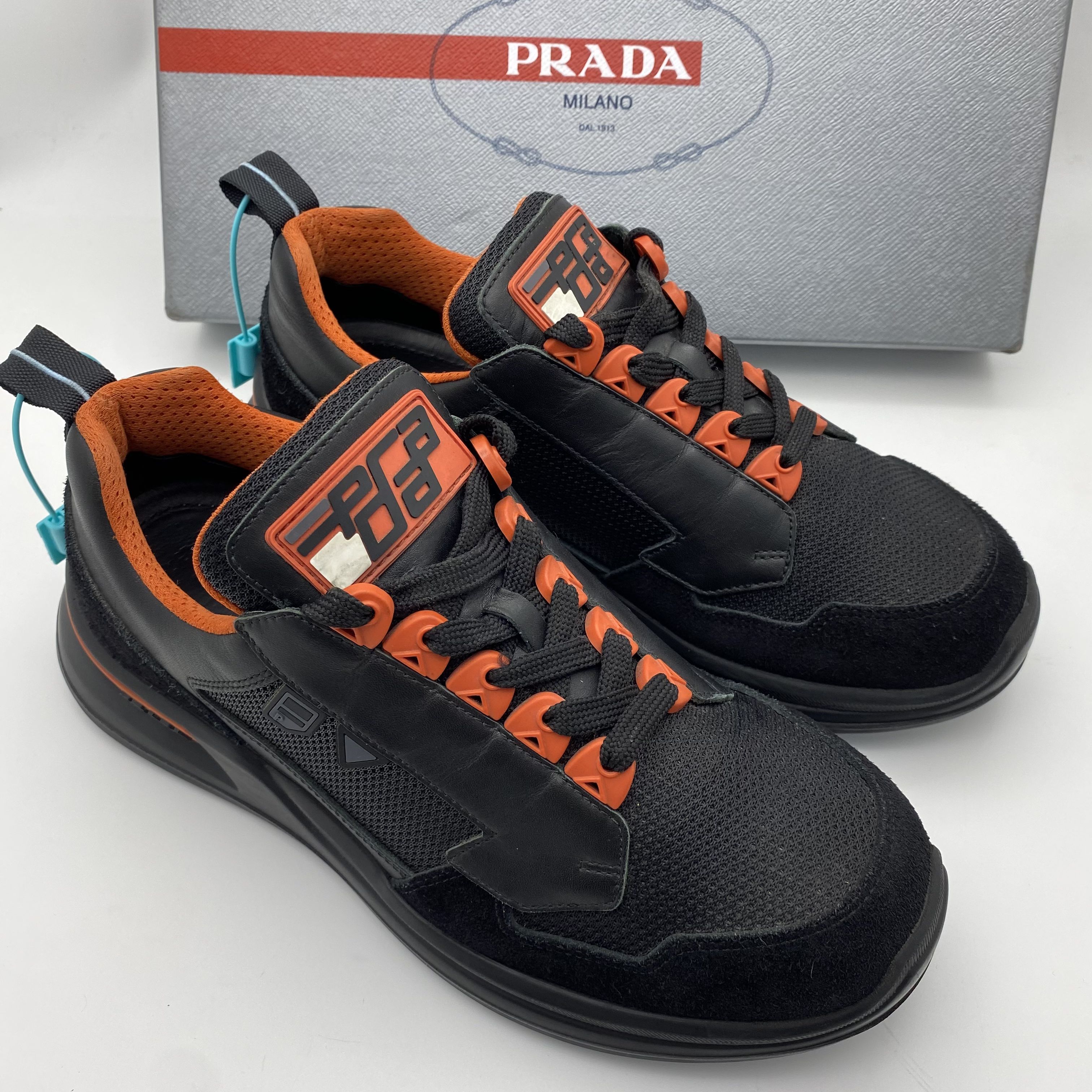 95新 Prada/普拉达 39欧码/黑红色织物拼接皮面透气休闲运动鞋