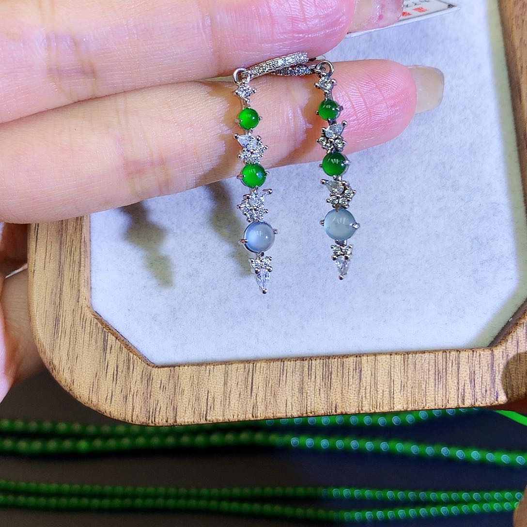 翡翠耳饰银S925镶嵌天然翡翠耳包