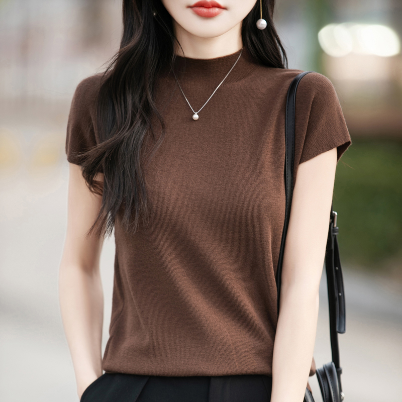 精纺羊毛半高领针织小飞袖气质百搭女士