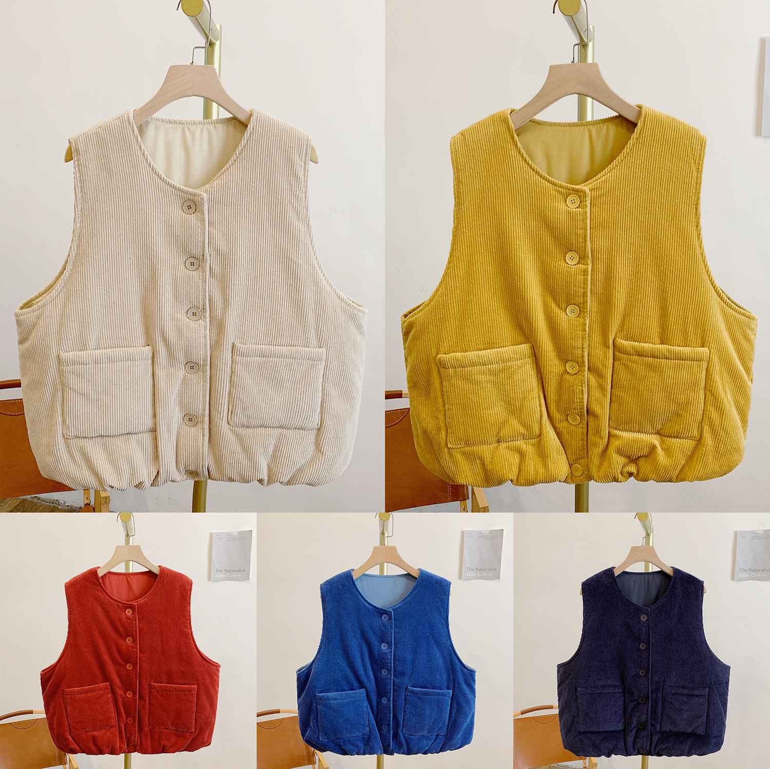 温暖冬日C5139夹棉灯芯绒圆领马甲