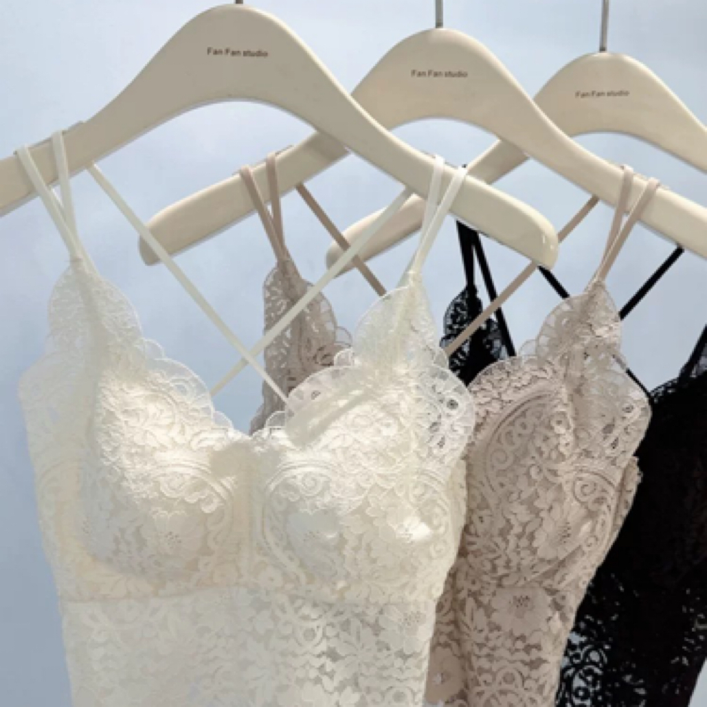 性感V领蕾丝交叉美背吊带女春夏新款固定杯内衣裹胸中长打底背心