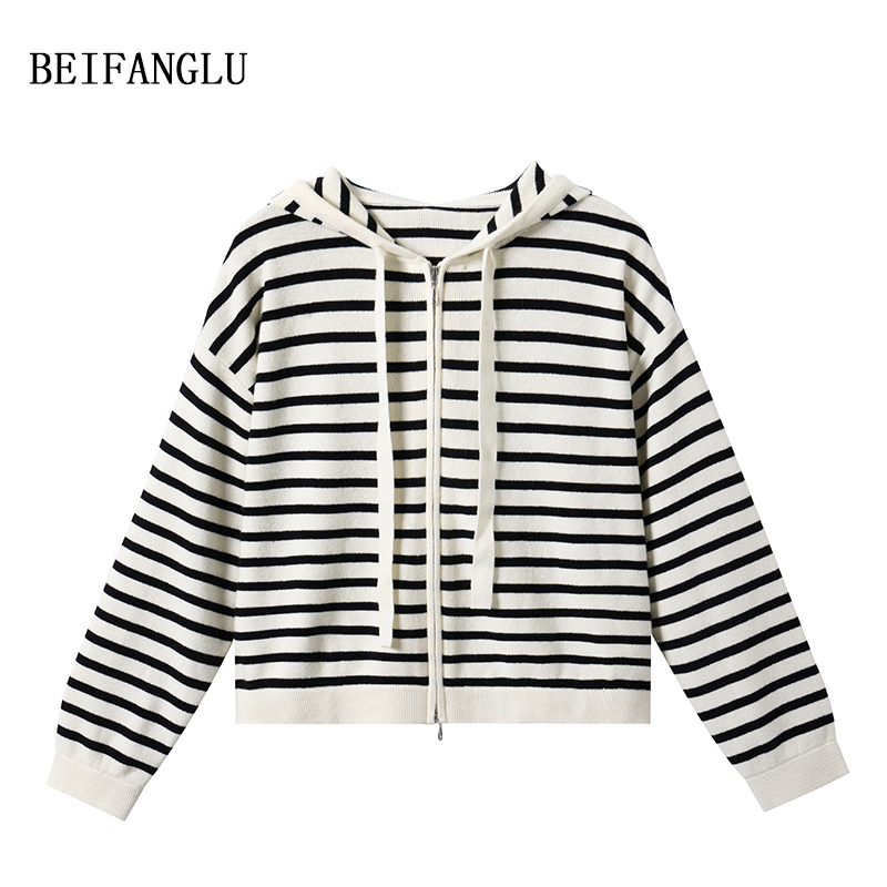 北方鹿 松弛感条纹连帽开衫早秋100绵羊毛拉链针织开衫外套251199