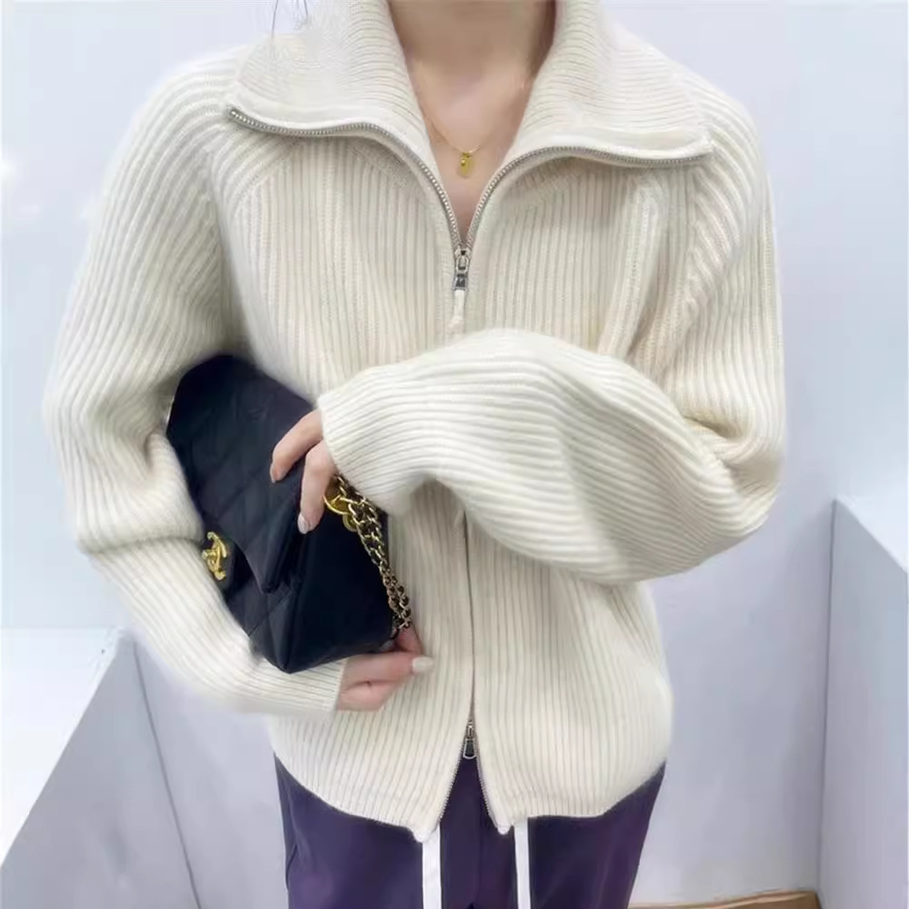 加厚2025秋冬新款欧美羊毛衫女翻领拉链开衫外套毛衣羊绒外搭