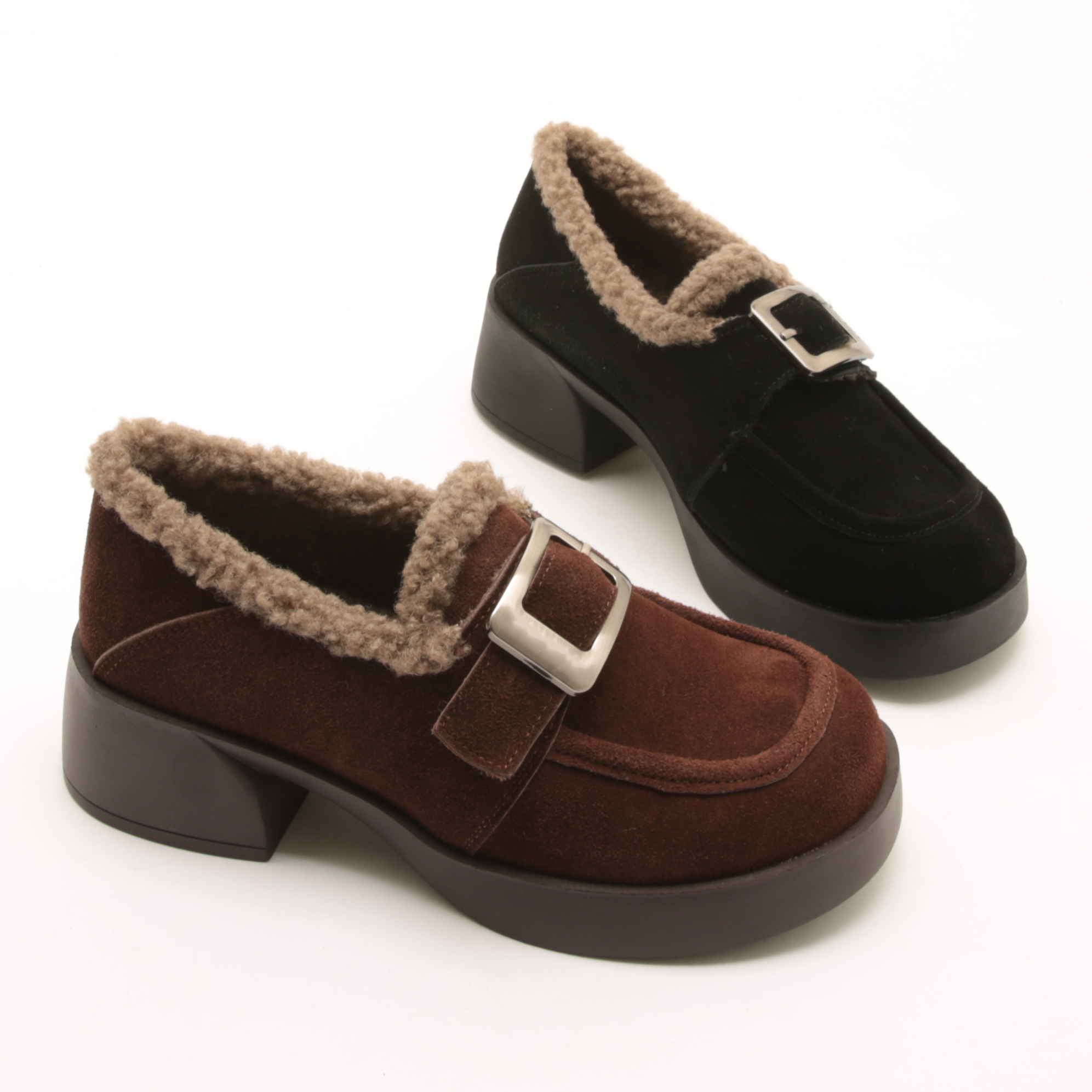 5567冬季新款圆头厚底加绒毛毛鞋女粗跟深口磨砂真皮乐福鞋