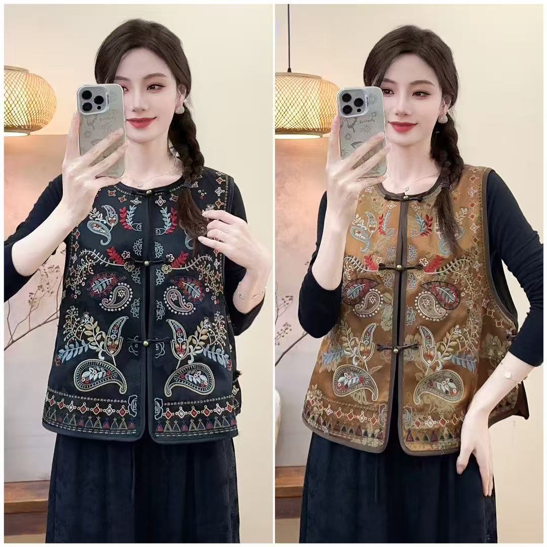 8178#秋季新款新中式《腰果花》女时尚潮流百搭刺绣马甲无袖