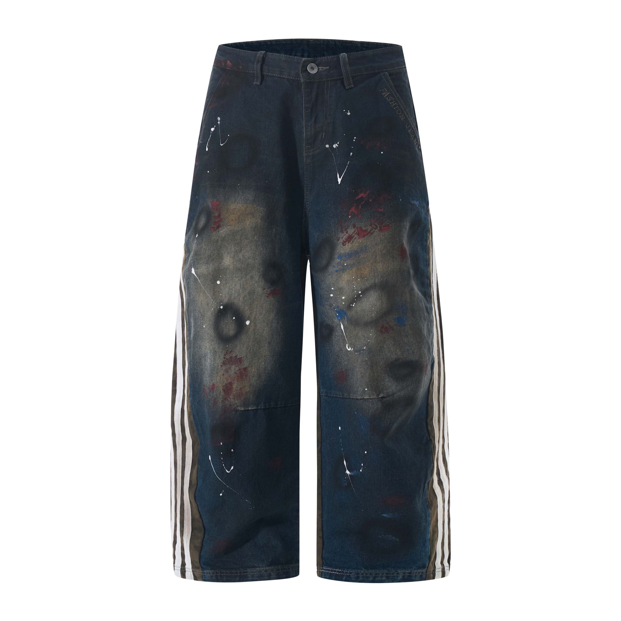 OTOTLEE新款潮牌宽松大直筒复古阔腿裤迷彩做旧水洗牛仔裤