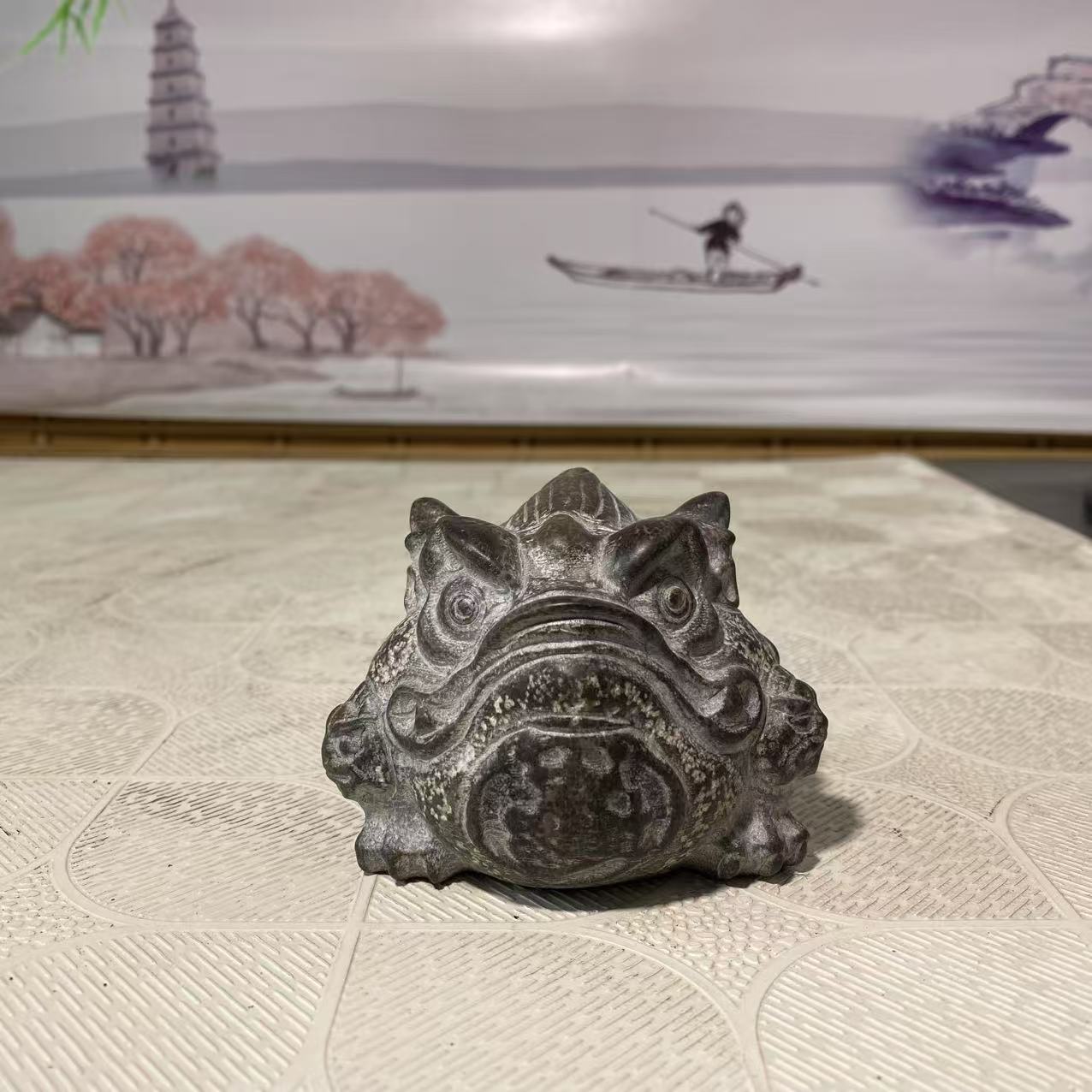 聚鹏阁石雕山西青石小金蟾茶宠桌面造型摆件长10公分高7公分左右