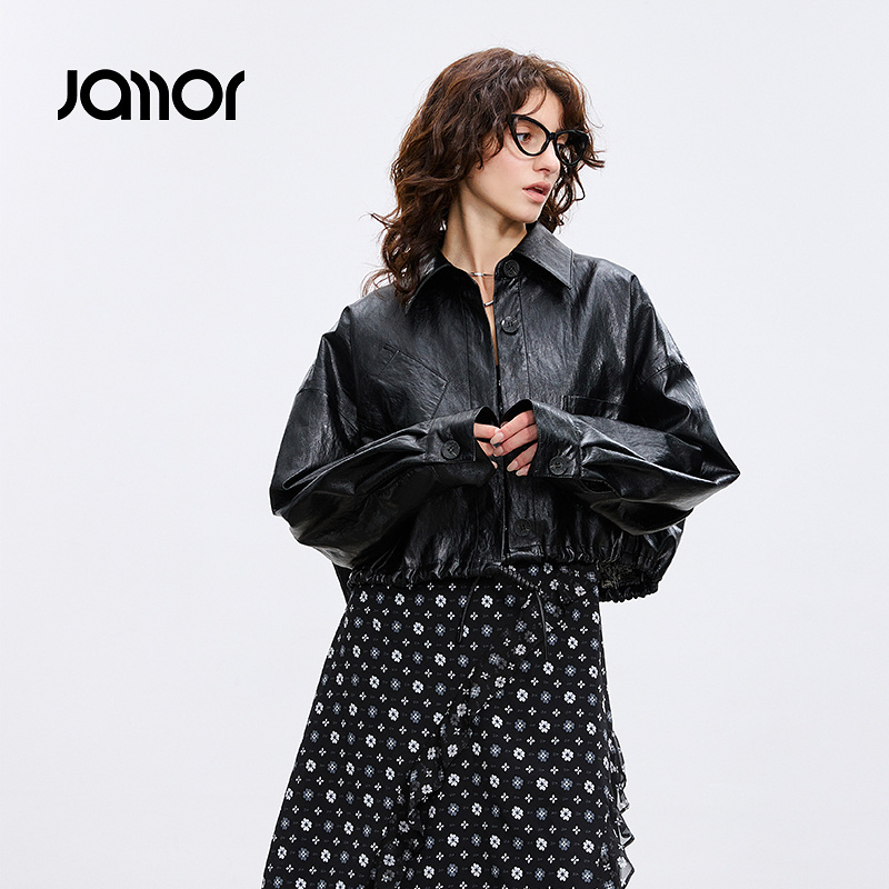 Jamor时尚小翻领皮质感短外套2025春秋JAW552912